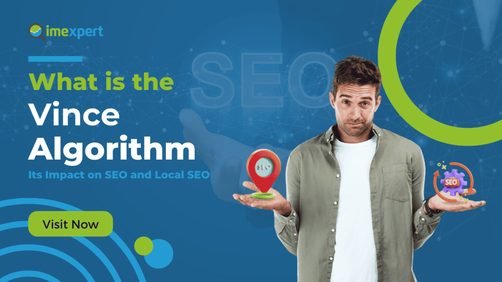 Man holding SEO and Local SEO icons with Vince Algorithm background.