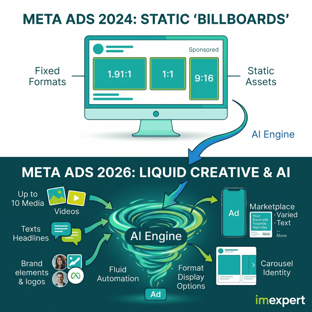 Illustration of AI-driven liquid creative for Meta Ads 2026.